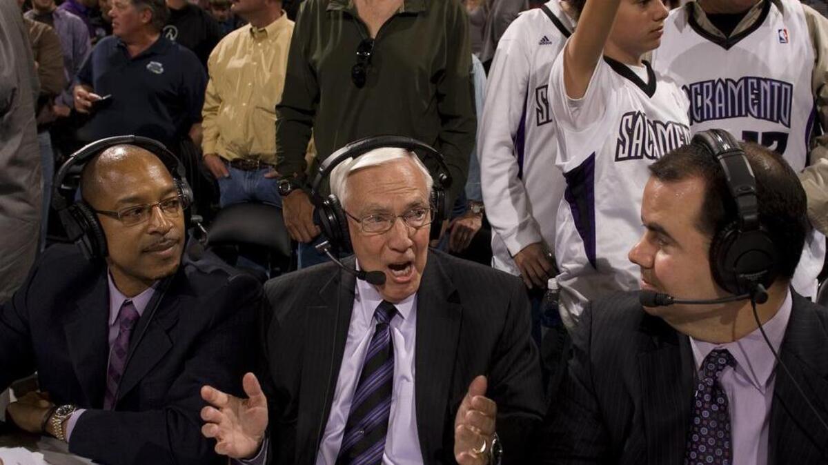 Sacramento Kings radio announcer Gary Gerould – flanked by Fat Lever, left, and Jason Ross – discuss the team’s season finale between against and Los Angeles Lakers at Power Balance Pavilion in Sacramento, Calif., on Wednesday, April 13, 2011.