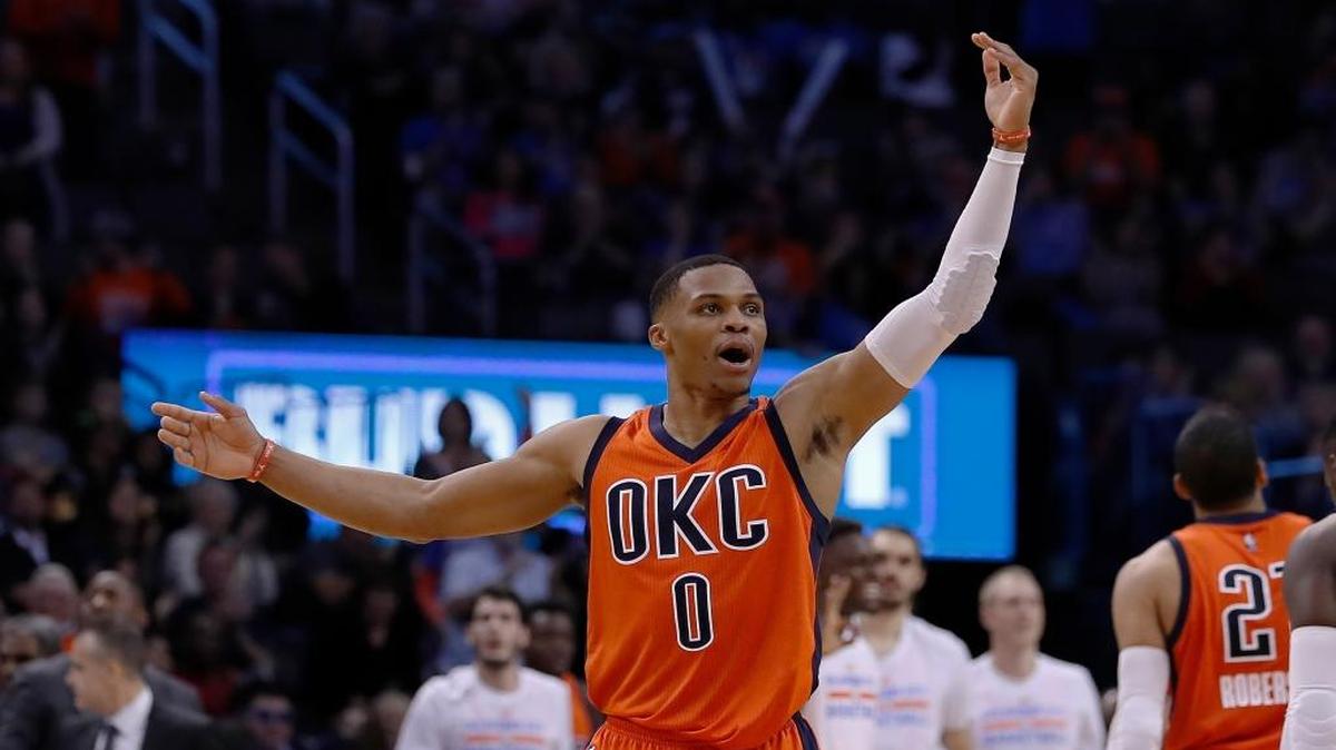 Oklahoma City Thunder guard Russell Westbrook (0) reacts after a play against the Orlando Magic during an NBA basketball game earlier this month in Oklahoma City.