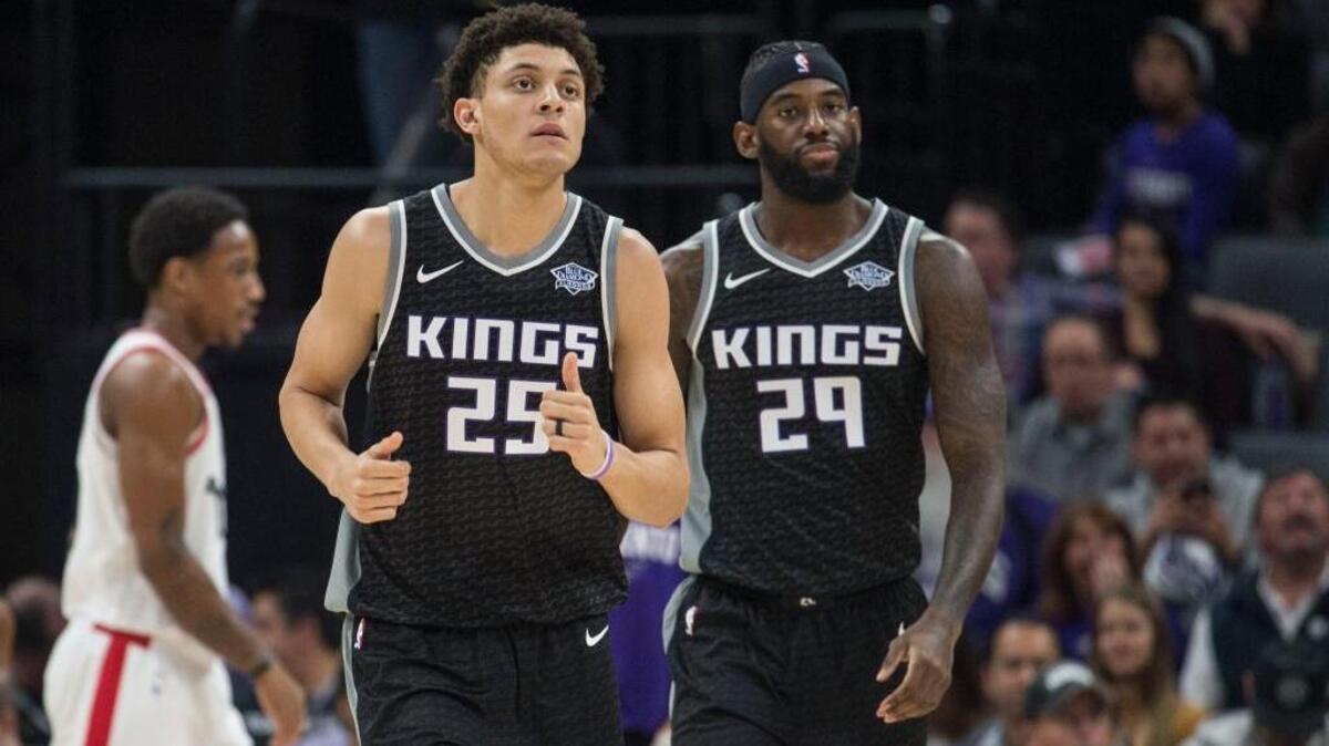 Kings forwards Justin Jackson, left, and JaKarr Sampson wear the team’s Nike Statement jersey Sunday at Golden 1 Center. A design of what’s believed to be the team’s City jersey was leaked by the video game “NBA 2K18” on Thursday.