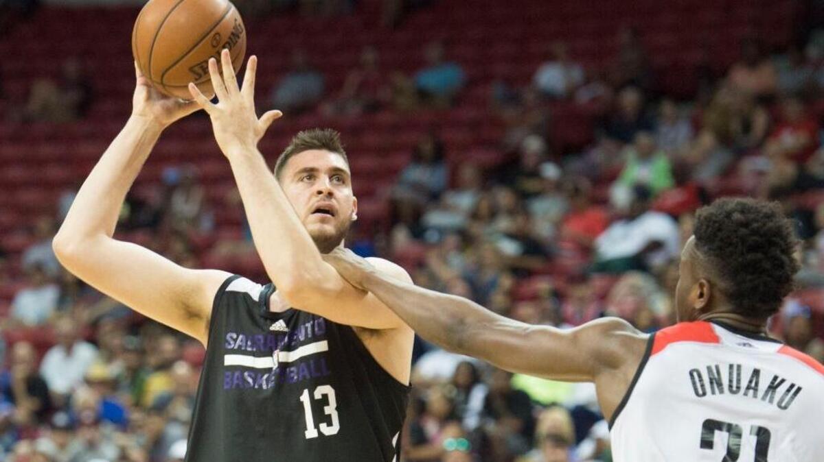 George Papagiannis, shooting against Houston’s Chinanu Onuaku during the Las Vegas summer league in July, said his athleticism often is tested when he plays for Reno.