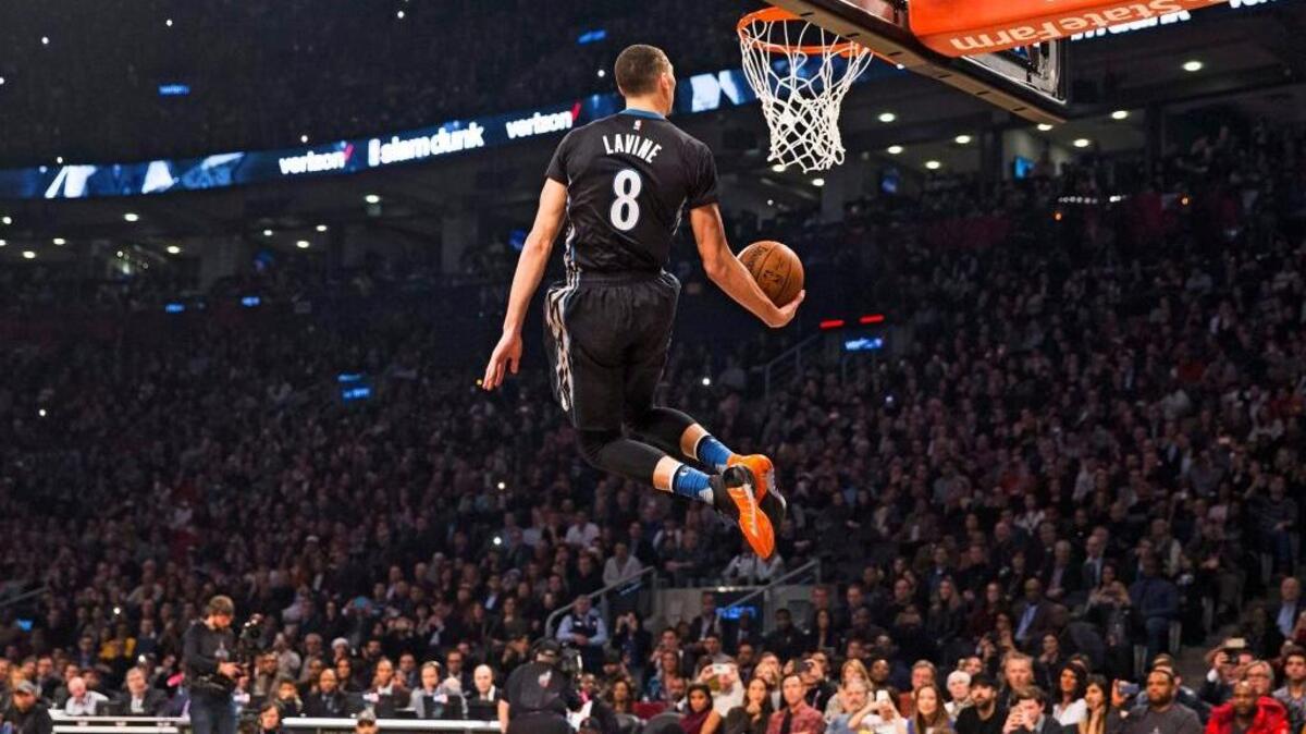 The Minnesota Timberwolves’ Zach LaVine competes during the NBA Slam Dunk Contest in Toronto on Saturday, Feb. 13, 2016. LaVine defeated Orlando’s Aaron Gordon during a thrillling final. The day before, LaVine was the MVP of the Rising Stars game.