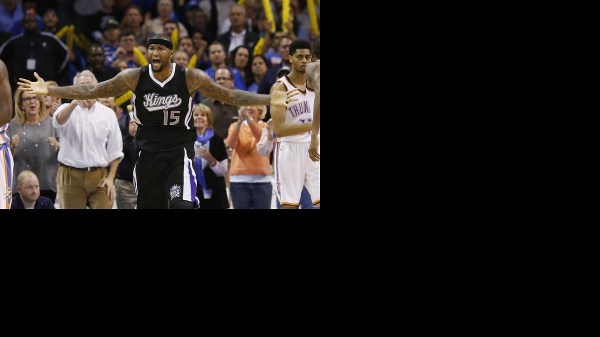 
DeMarcus Cousins gestures to an official during the fourth quarter. The Kings trailed by 17 in the third quarter before coming back.
