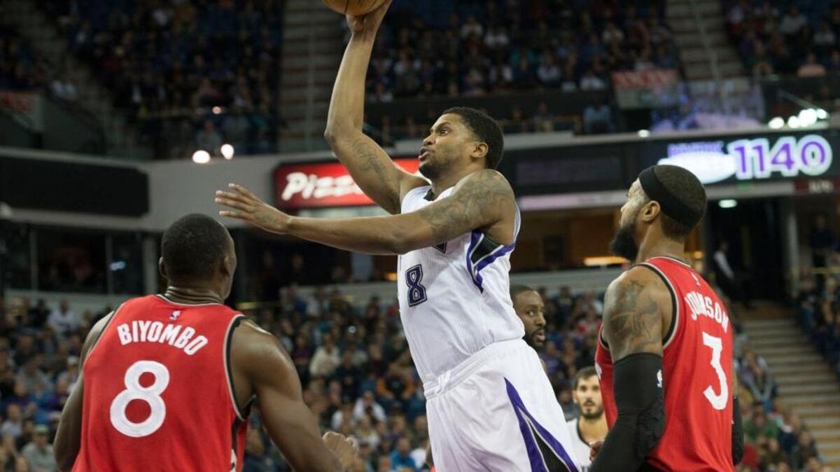 Kings forward Rudy Gay scores against the Toronto Raptors during an NBA game on Sunday, Nov. 15, 2015 at Sleep Train Arena in Sacramento. Gay scored a season-high 27 points.
