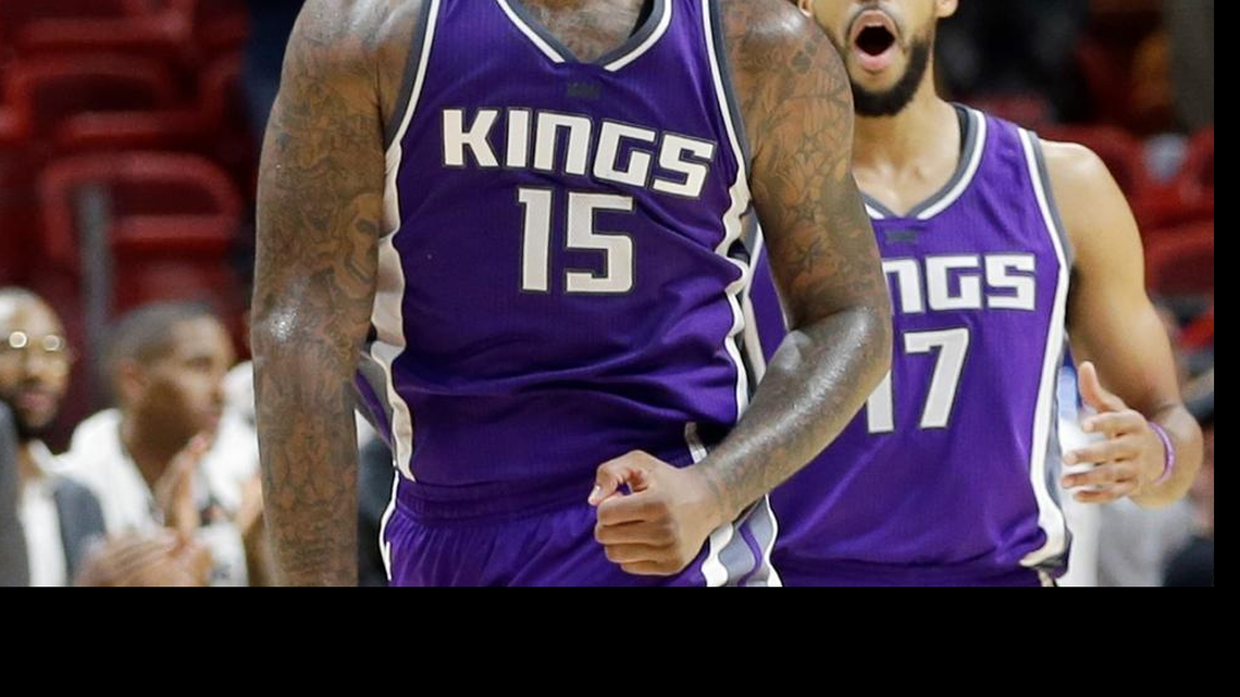 Sacramento Kings center DeMarcus Cousins (15) reacts after fouling Miami Heat center Hassan Whiteside during the finals seconds of the second half of an NBA basketball game, Tuesday, Nov. 1, 2016, in Miami. The Heat won 108-96 in overtime.