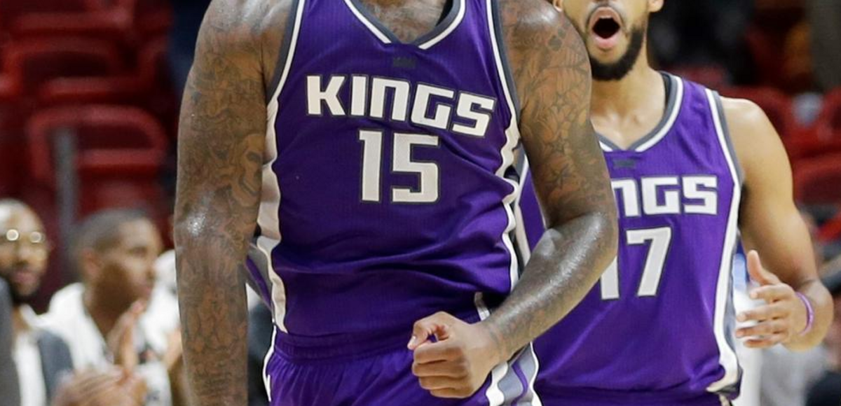 Sacramento Kings center DeMarcus Cousins (15) reacts after fouling Miami Heat center Hassan Whiteside during the finals seconds of the second half of an NBA basketball game, Tuesday, Nov. 1, 2016, in Miami. The Heat won 108-96 in overtime.