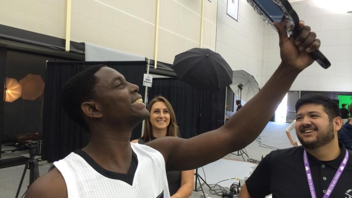 
Kings guard Darren Collison takes a selfie for Kings Twitter feed during Media Day.
