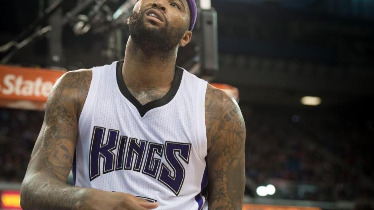Sacramento Kings center DeMarcus Cousins reacts after a dunk against the Indiana Pacers during an NBA basketball game on Saturday, Jan. 23, 2016 at Sleep Train Arena in Sacramento. Cousins scored a career-high 48 points.