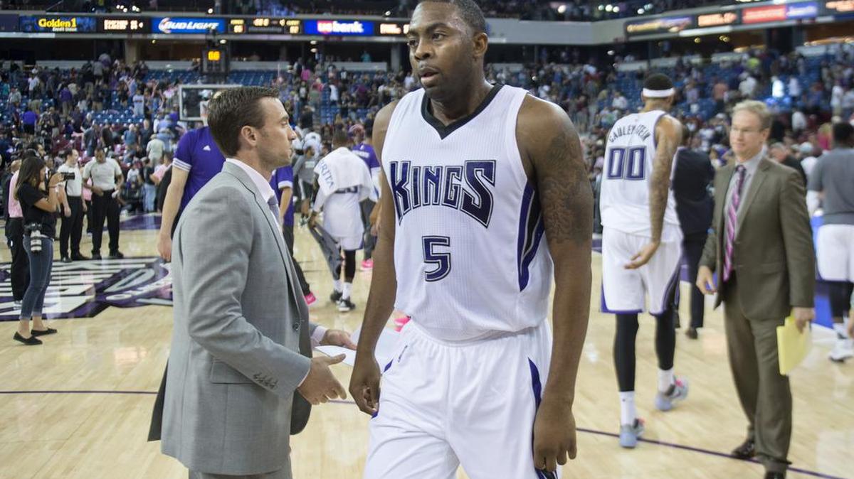 
Kings guard James Anderson (5) walks off the court after the Kings 95-92 victory against the San Antonio Spurs during their preseason game on Thursday at Sleep Train Arena in Sacramento.
