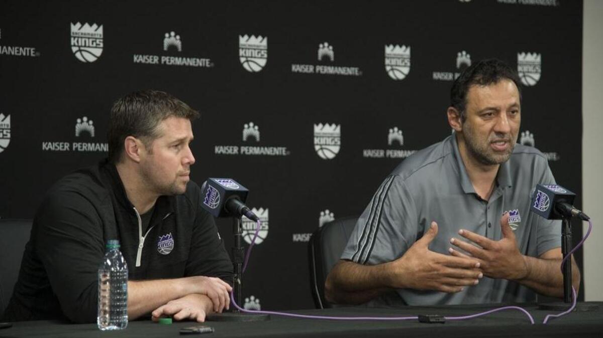 Sacramento Kings general manager/vice president of operations Vlade Divac and head coach Dave Joerger reflect on the past season during a press conference at the Golden 1 Center on Thursday in Sacramento.
