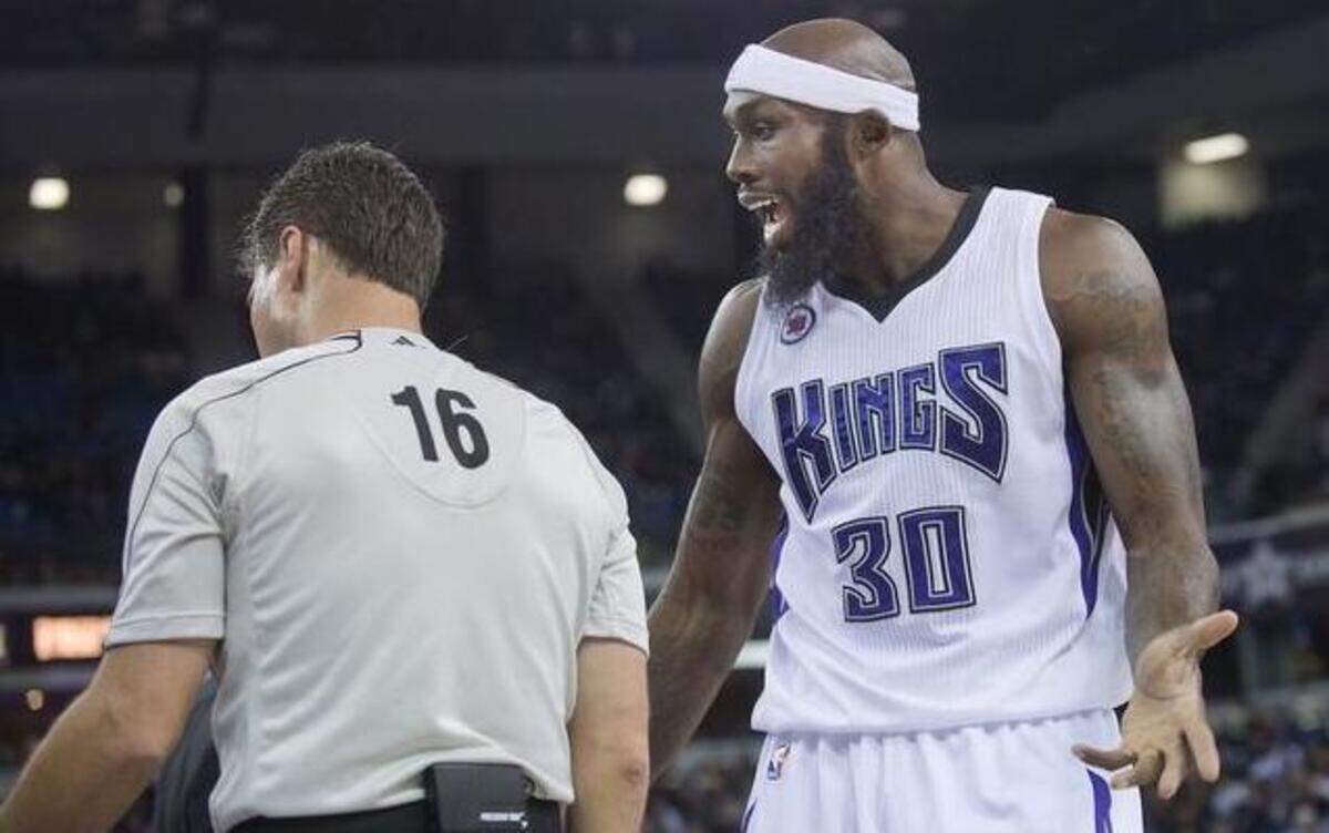 
 Reggie Evans, right, sharing his thoughts with an official, and the Sacramento Kings are in action Thursday night against the Milwaukee Bucks at Sleep Train Arena.
