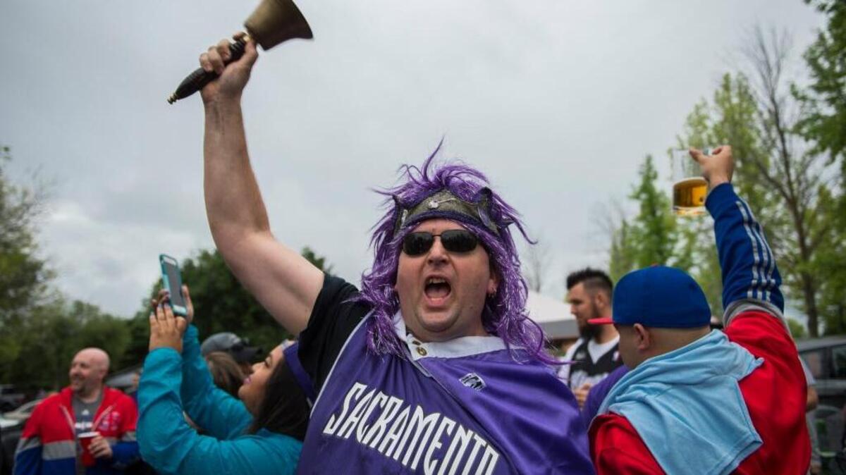 Kings fan Aaron Delbono revs up for the final game at Sleep Train Arena in Sacramento on Saturday, April 9, 2016.