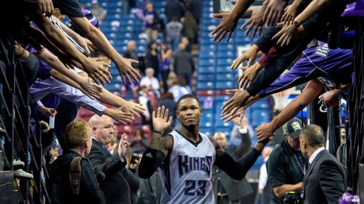 Sacramento Kings guard Ben McLemore reaches out to fans after he started in the Kings’ 107-101 victory against the Toronto Raptors at Sleep Train Arena in Sacramento on Sunday, Nov. 15, 2015.