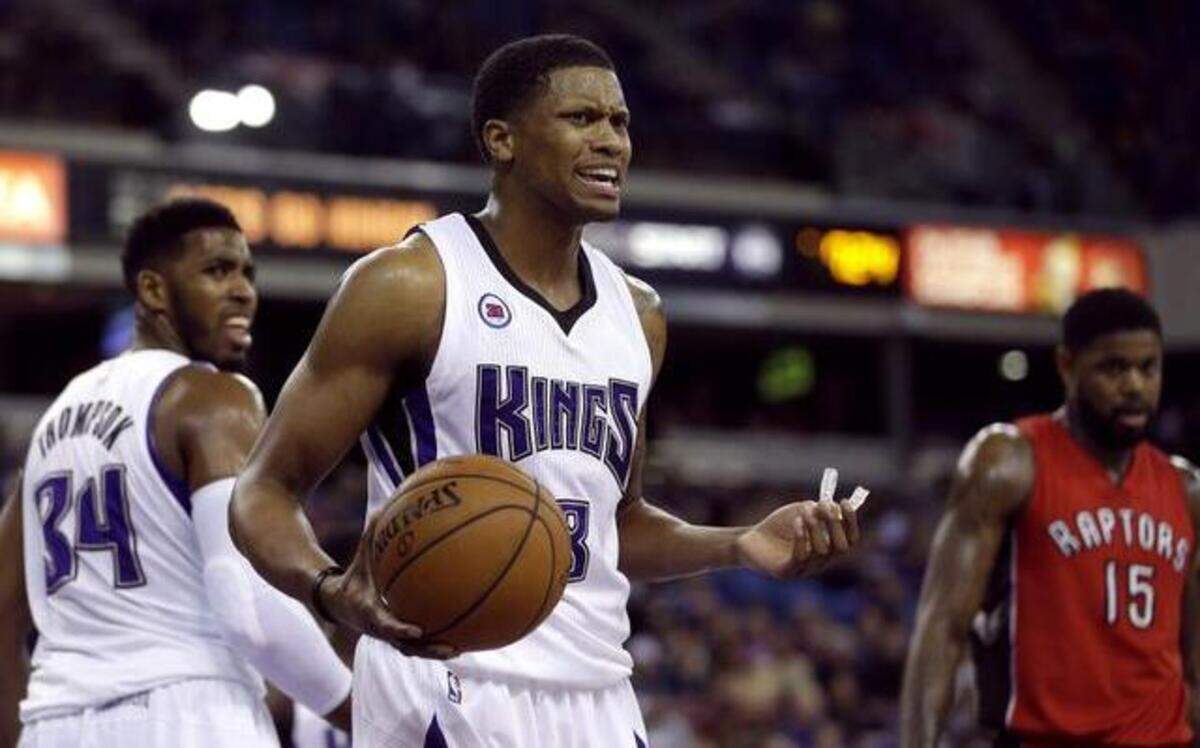 
Sacramento forward Rudy Gay, center, questioning a foul call during last week’s game against Toronto, will lead the Kings back into action against the Orlando Magic.
