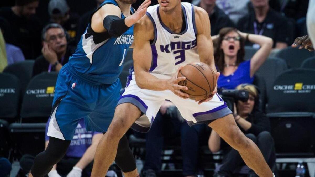 Sacramento Kings rookie Skal Labissiere (3) has seen his playing time increase since the team traded DeMarcus Cousins to New Orleans. ... Labissiere looks to pass Minnesota Timberwolves guard Tyus Jones defends during an NBA basketball game, Monday, Feb. 27, 2017 at Golden 1 Center in Sacramento.