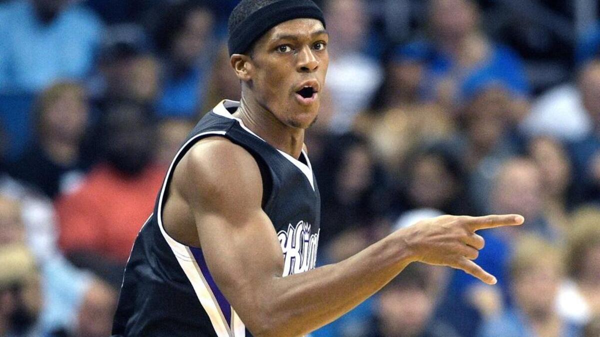 Kings guard Rajon Rondo celebrates after scoring a a three-point basket during the an NBA basketball game against the Orlando Magic in Orlando, Fla., Saturday, Nov. 21, 2015. Rondo played a game-high 42 minutes and finished with 13 points, nine assists and seven rebounds.
