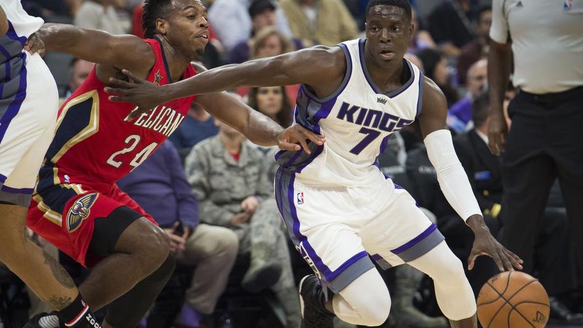 Sacramento Kings guard Darren Collison (7) drives to the basket against New Orleans Pelicans guard Buddy Hield (24) during their game at the Golden 1 Center on Tuesday, November 8, 2016 in Sacramento.
