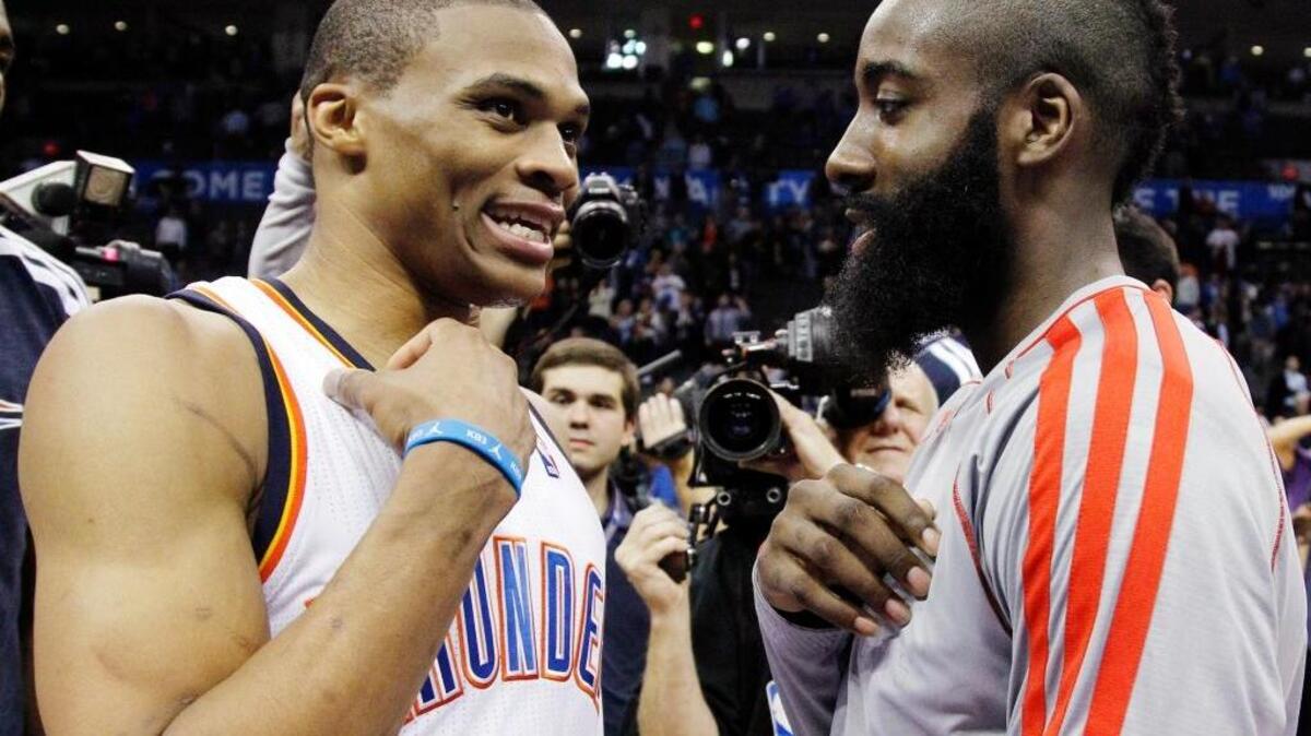 Oklahoma City Thunder guard Russell Westbrook, left, and Houston Rockets guard James Harden are the favorites to win the NBA’s Most Valuable Player honor this season.