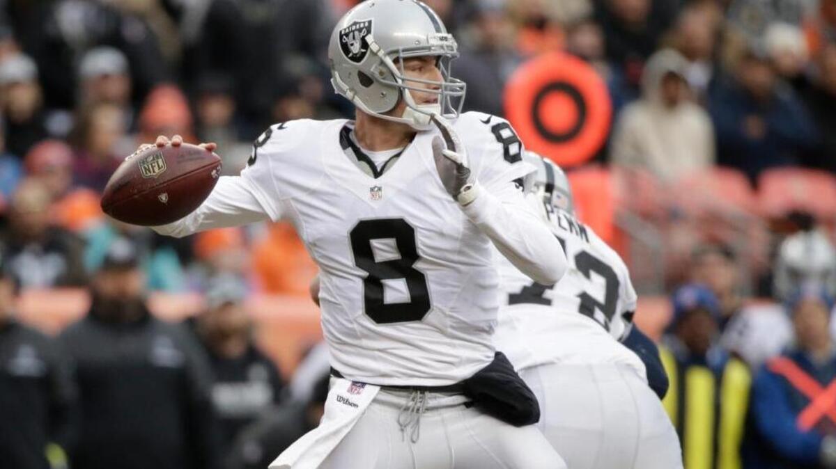 Raiders quarterback Connor Cook passes against the Denver Broncos in the first half of an NFL football game, Sunday, Jan. 1, 2017, in Denver. He is expected to start Saturday’s wild-card playoff game against the Houston Texans.