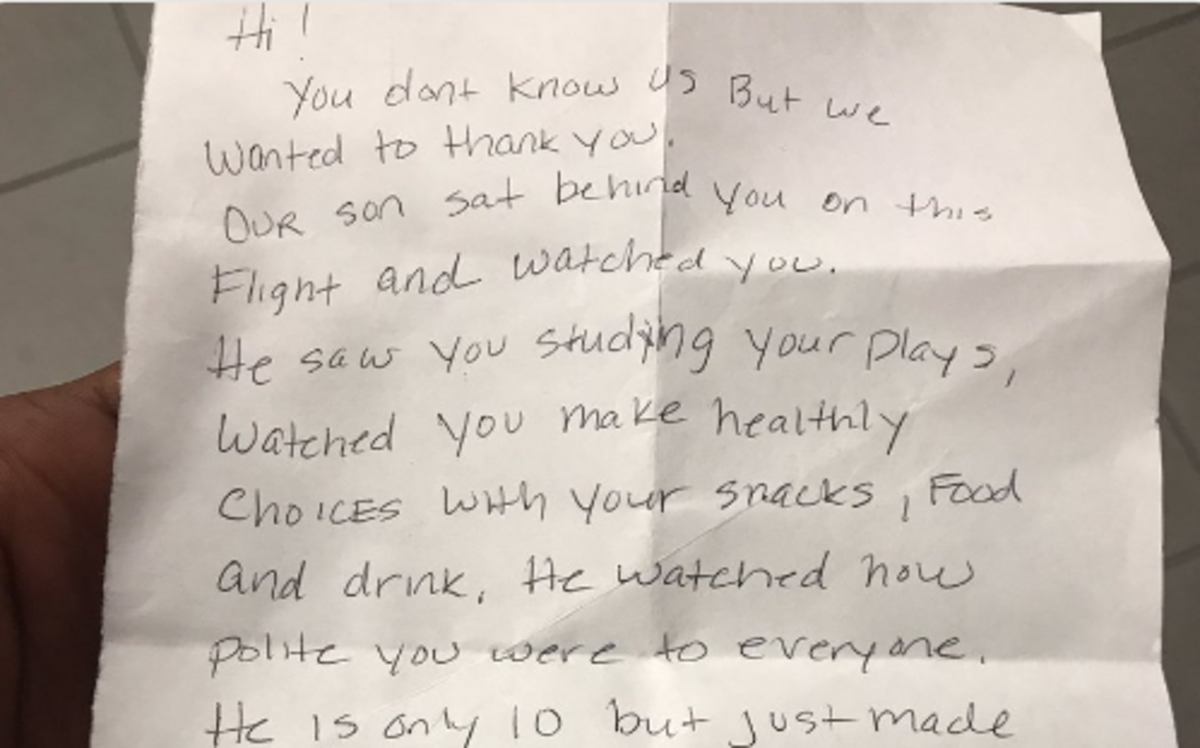 A fellow passenger on a recent airline flight handed Atlanta Falcons wide receiver Mohamed Sanu this note after the plane landed.