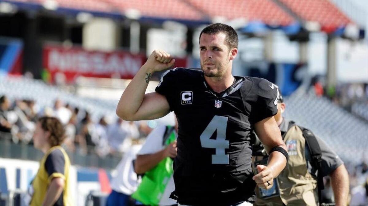 Oakland Raiders quarterback Derek Carr leaves the field after the Raiders beat the Tennessee Titans 17-10 in an NFL football game Sunday, Sept. 25, 2016, in Nashville, Tenn. The Raiders are 2-1 for the first time since the 2011 season.