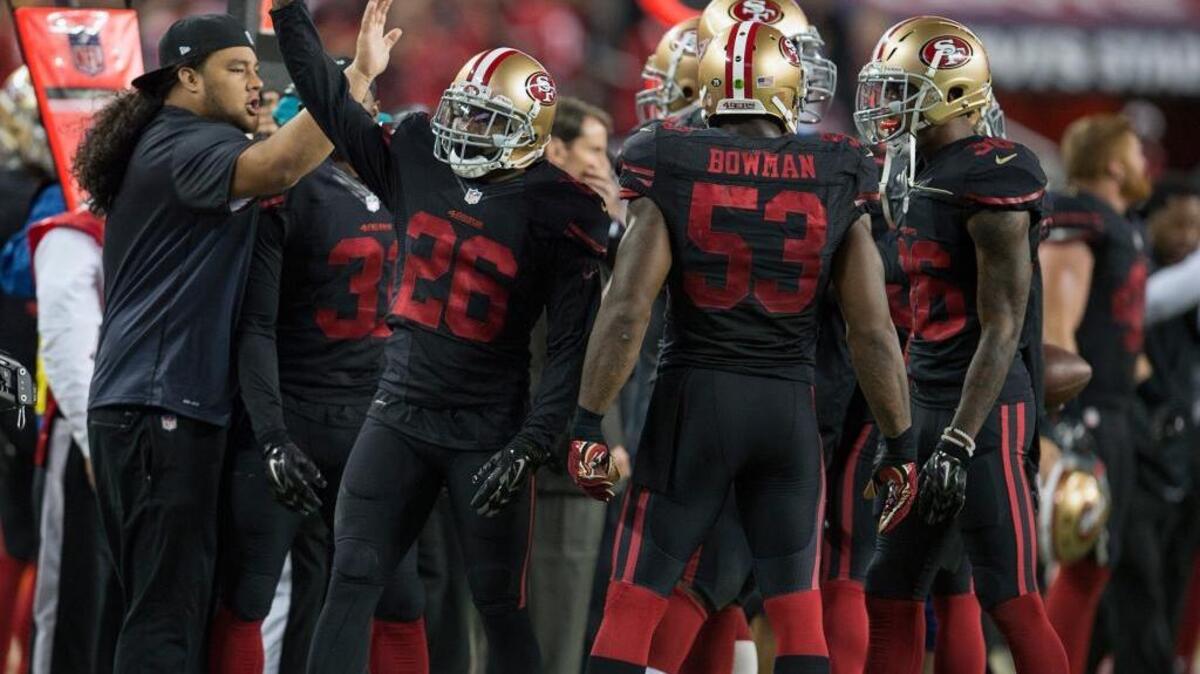 The 49ers debuted their black alternate uniforms on Sept. 14, 2015, in Santa Clara. They’ll wear these uniforms Thursday against the Los Angeles Rams as part of the NFL’s Color Rush.
