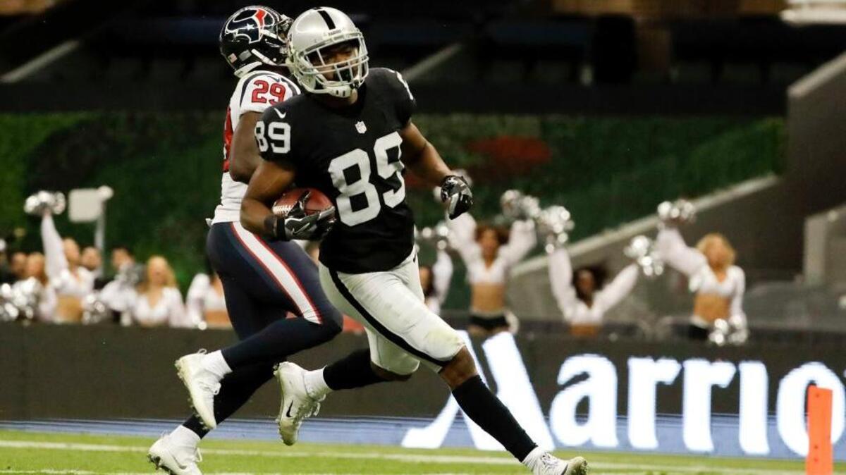Oakland Raiders wide receiver Amari Cooper scores the decisive touchdown during an NFL football game against the Houston Texans Monday, Nov. 21, 2016, in Mexico City. His score helped give the Raiders their 27-20 margin of victory.