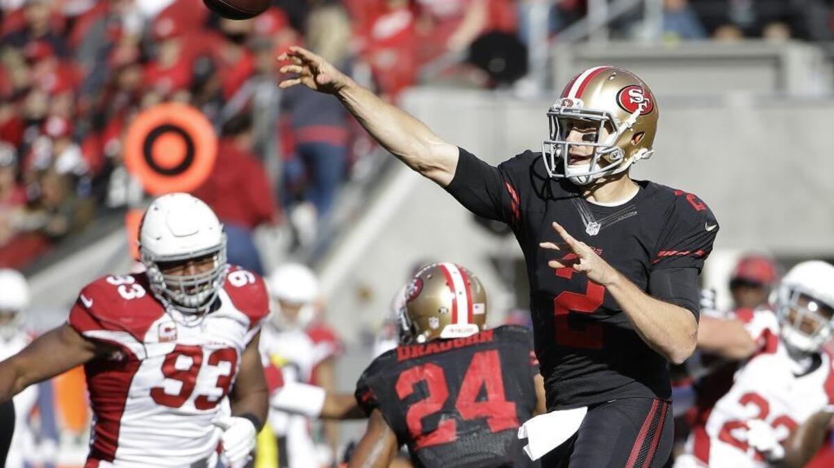 Quarterback Blaine Gabbert (2) leads the San Francisco 49ers back into action against the Chicago Bears on Sunday, Dec. 6, 2015, at Soldier Field in Chicago. Live coverage begins at 9 a.m.