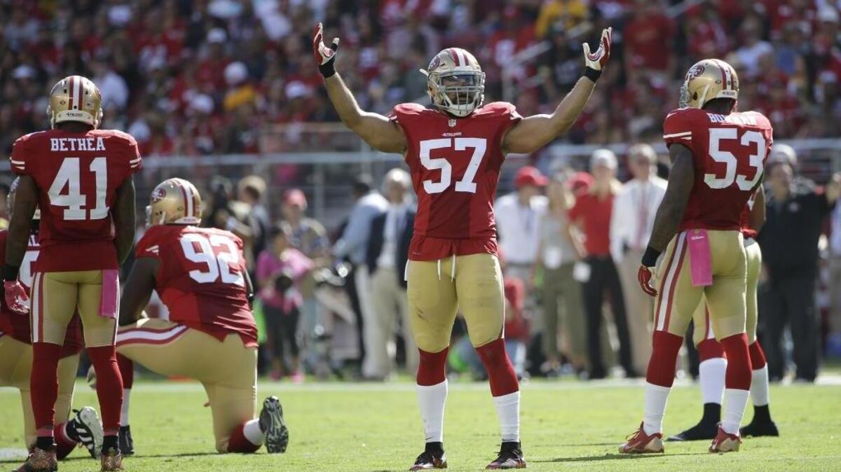 
San Francisco 49ers linebacker Michael Wilhoite (57) and his teammates are back in action Sunday against the Baltimore Ravens at Levi’s Stadium. The Sacramento Bee’s live coverage begins at 12:30 p.m., and kickoff is scheduled for 1:25 p.m.
