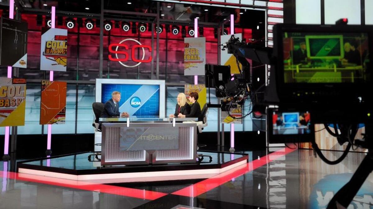 The stage for ESPN’s SportsCenter is seen in Bristol, Conn. The sports network issued an apology Tuesday, one day after airing a fantasy football segment that some likened to a slave auction.