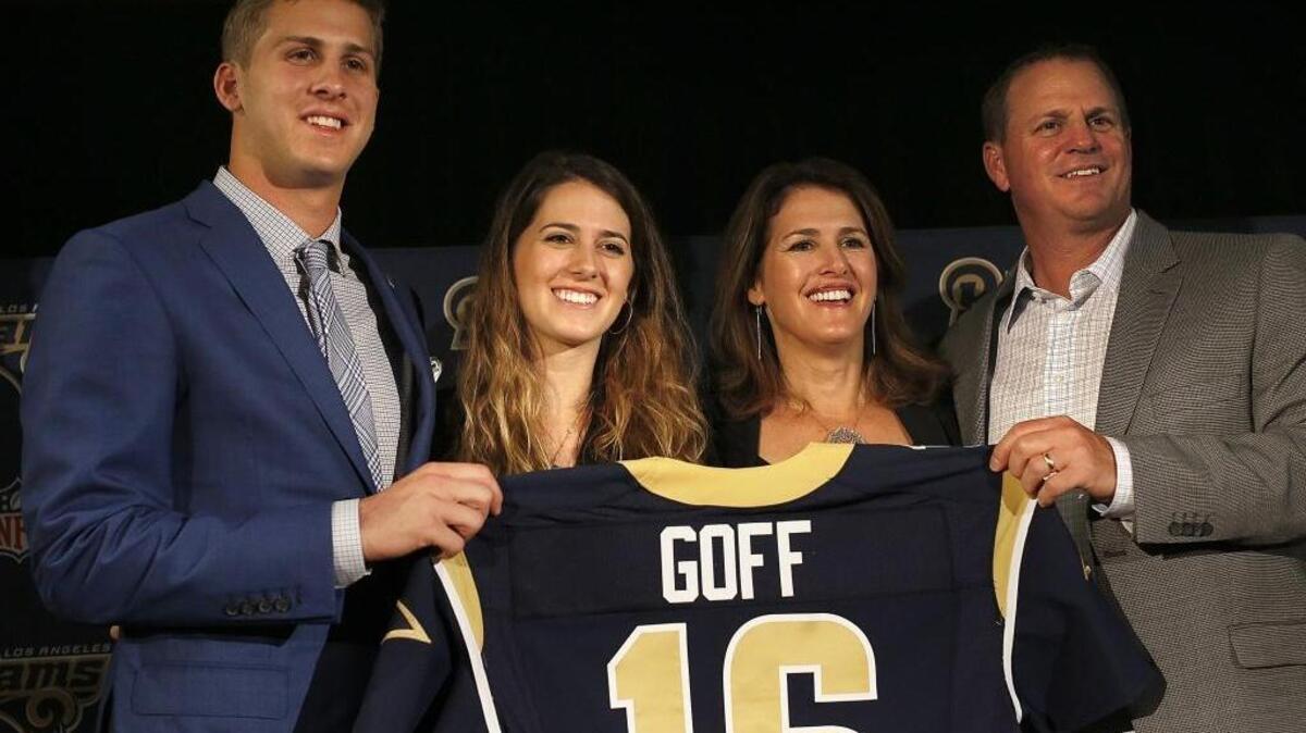 Los Angeles Rams quarterback Jared Goff, left, with his sister Lauren, his mother Nancy and his father Jerry, during a news conference in Los Angeles on Friday, April 29, 2016, a day after the team selected the University of California, Berkeley, product with the first overall pick in the NFL Draft.