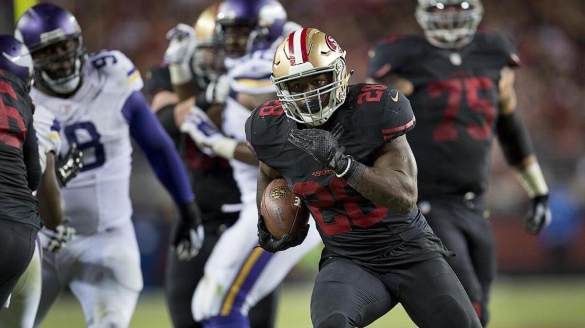 
San Francisco 49ers running back Carlos Hyde (28) makes amove in the middle of a 17-yard touchdown run on Monday night against the Minnesota Vikings. Hyde and the 49ers are back in action at 10 a.m. Sunday in Pittsburgh against the Steelers.
