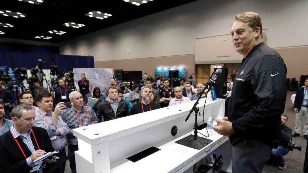 Raiders head coach Jack Del Rio speaks during a news conference at the NFL scouting combine March 2 in Indianapolis. The Raiders have the 24th pick in the draft.