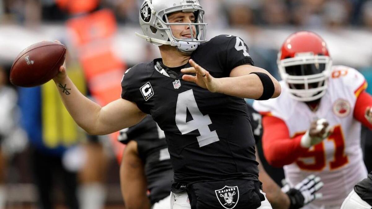 Raiders quarterback Derek Carr has thrown an NFL-worst seven interceptions in the fourth quarter of games this season, including three against the Kansas City Chiefs on Sunday, Dec. 6, 2015, in Oakland.
