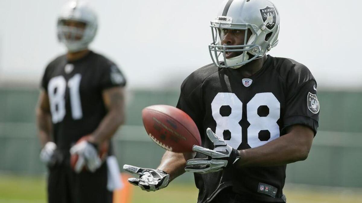 
Raiders tight end Clive Walford (88) catches a ball as tight end Mychal Rivera (81) looks on during minicamp at the team’s training facility in June in Alameda.
