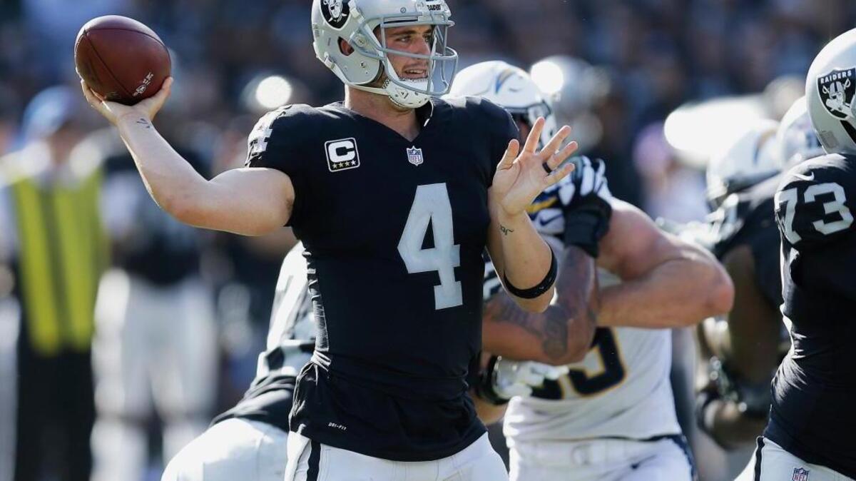 Raiders quarterback Derek Carr (4) passes against the Los Angeles Chargers during the second half on Oct. 15.