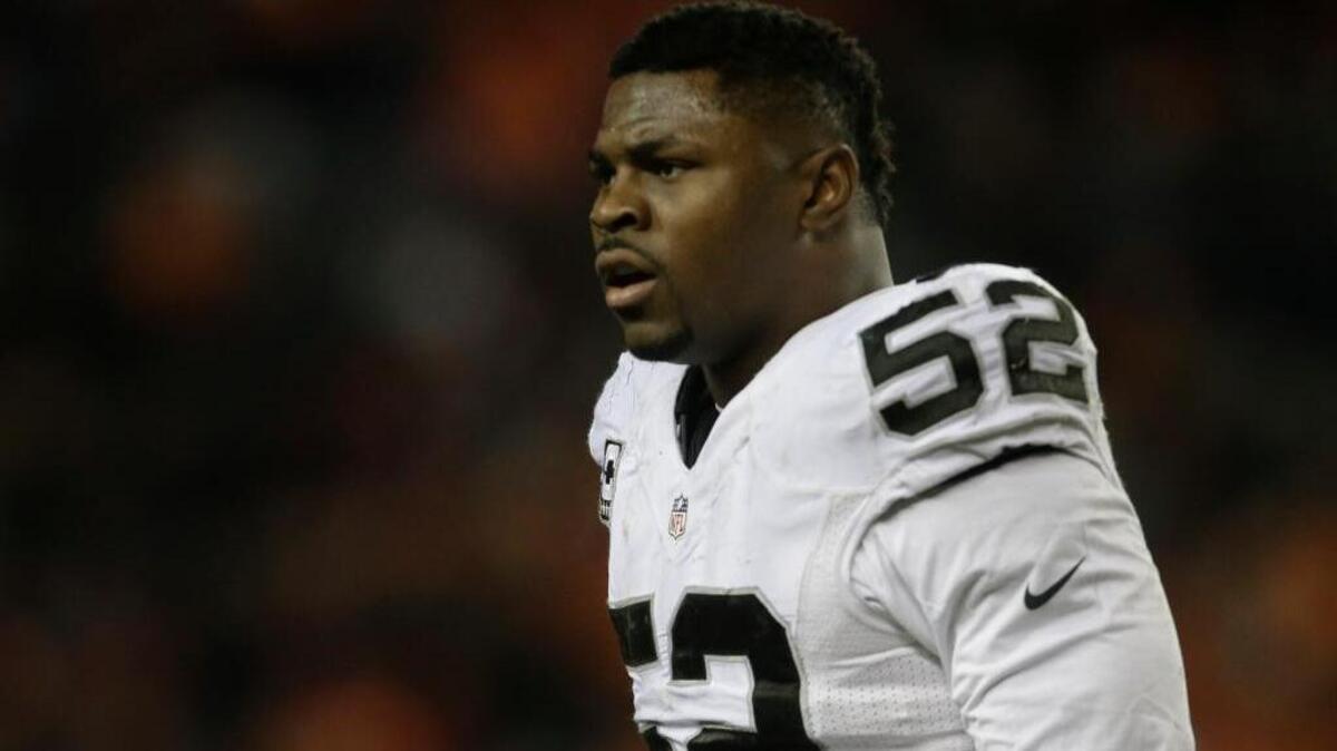 Oakland Raiders defensive end Khalil Mack during an NFL football game against the Denver Broncos, Sunday, Jan. 1, 2017, in Denver. The Broncos beat the Raiders 24-6. (AP Photo/Joe Mahoney)