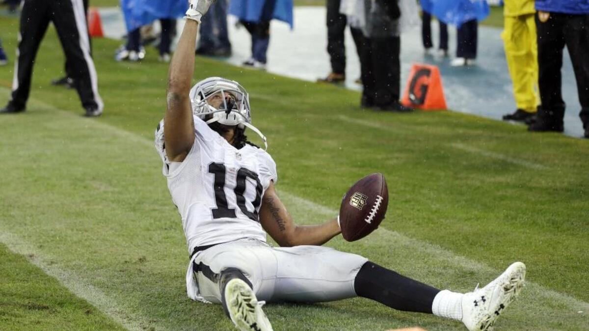 Oakland Raiders wide receiver Seth Roberts (10) celebrates after catching a 12-yard touchdown pass in the fourth quarter against the Tennessee Titans to give the Raiders a 24-21 win in an NFL football game Sunday, Nov. 29, 2015, in Nashville, Tenn. The Raiders continue their season against the Kansas City Chiefs in Oakland on Sunday, Dec. 6, 2015.