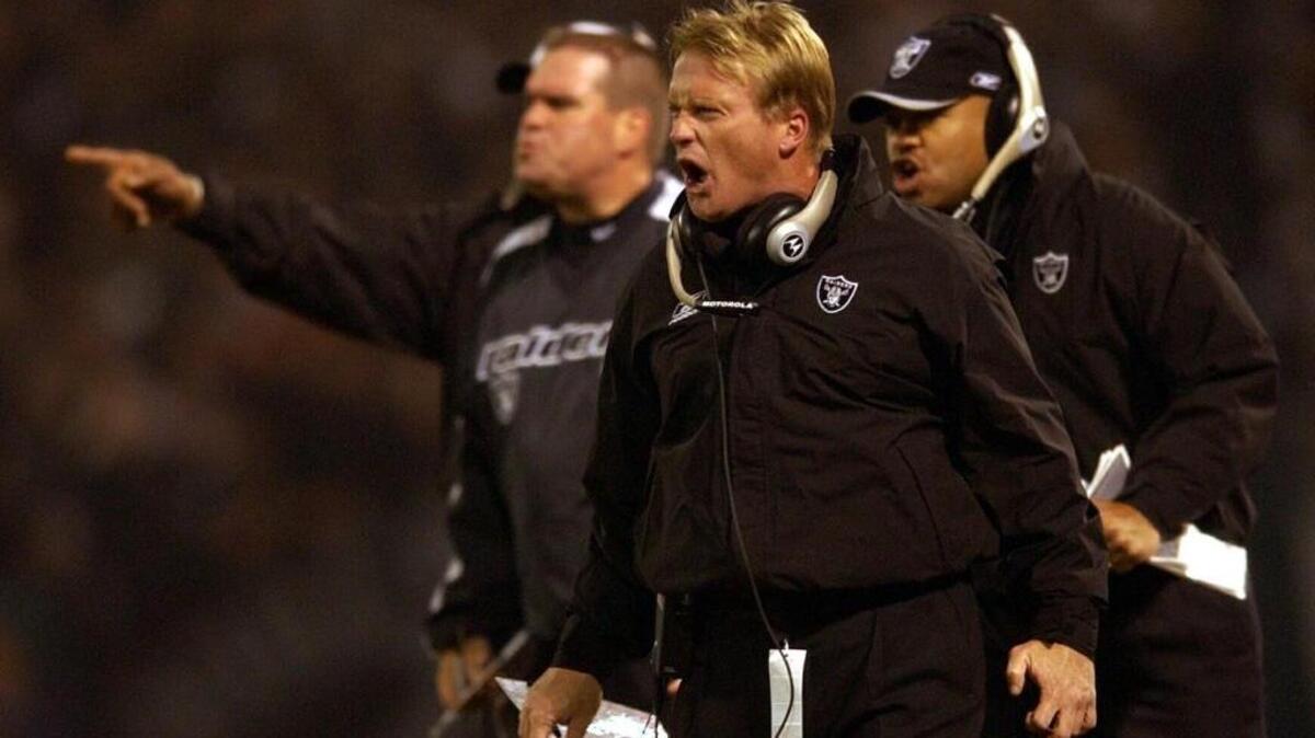 Oakland Raiders head coach Jon Gruden screams at the officials during a wild card playoff game against the New York Jets in 2002.