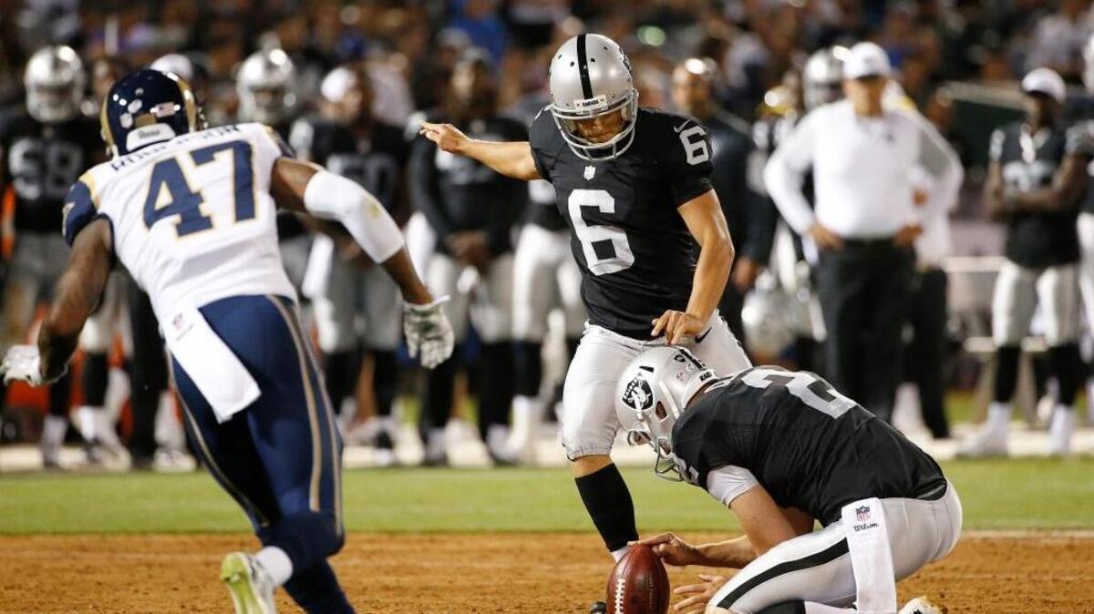 
Raiders kicker Giorgio Tavecchio (6) kicks against the St. Louis Rams during an Aug. 14 preseason game in Oakland.

