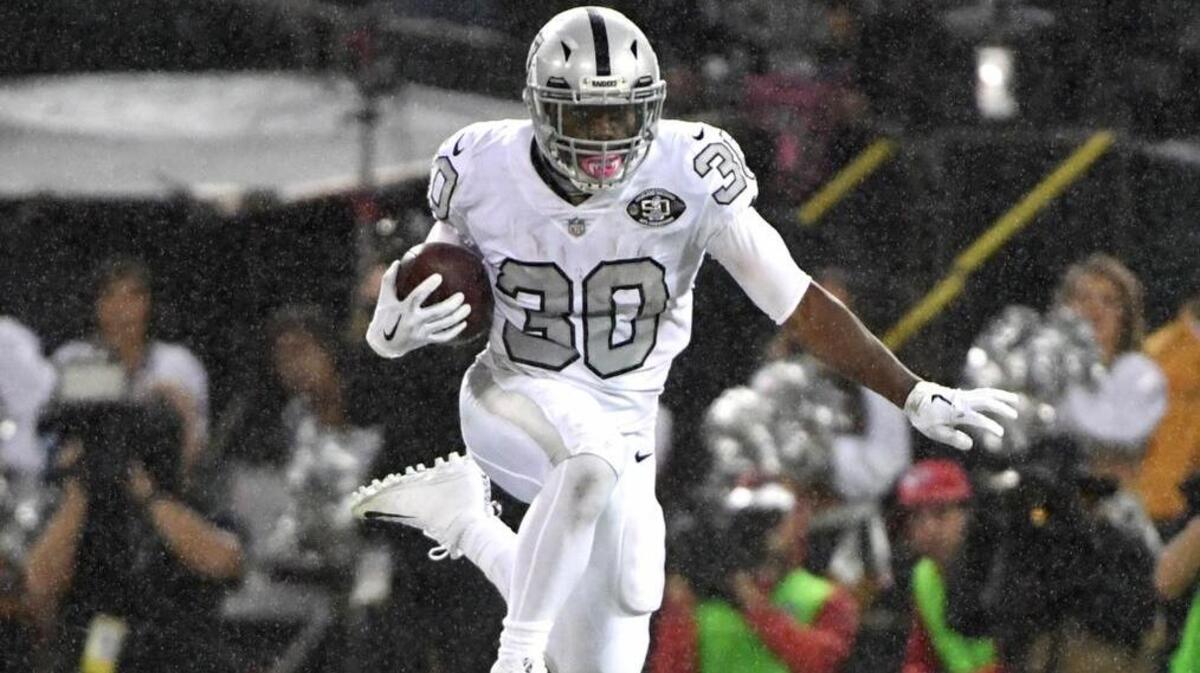 With Marshawn Lynch out because of a one-game suspension, the Raiders will rely on running backs Jalen Richard (30) and DeAndre Washington against the Buffalo Bills.