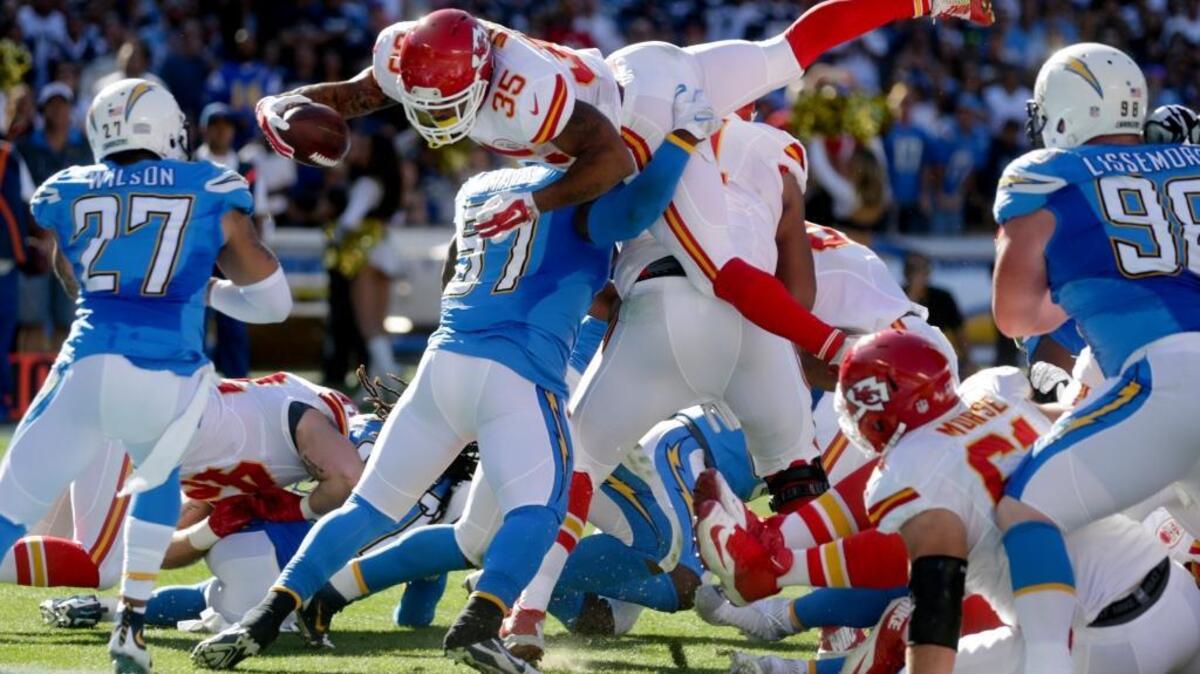 Kansas City Chiefs running back Charcandrick West, top, is kept out of the end zone by San Diego Chargers linebacker Joe Mays during the first half Sunday, Nov. 22, 2015, in San Diego.