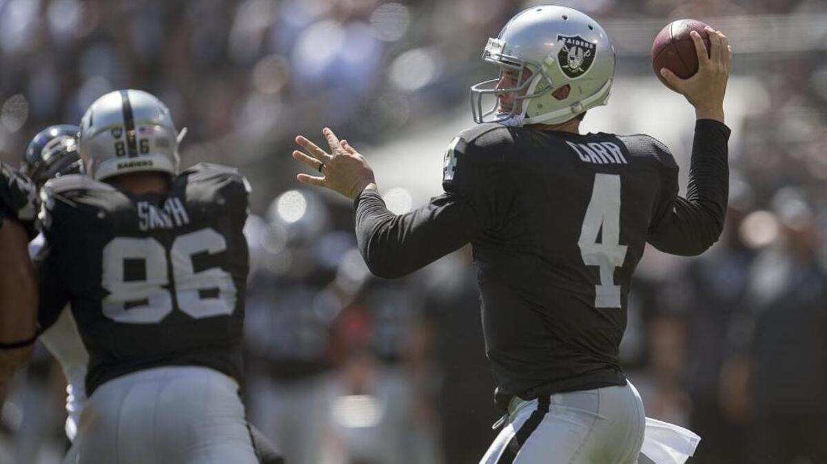 Raiders starting quarterback Derek Carr (4) passed against the Baltimore Ravens in the first quarter during an NFL football game at the O.co Coliseum on Sunday, Sept. 20, 2015 in Oakland.