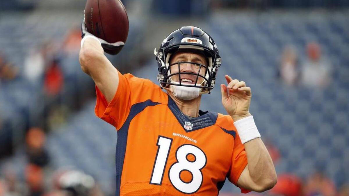 
Denver Broncos quarterback Peyton Manning (18) warms up prior to an NFL preseason football game against the Arizona Cardinals, Thursday, Sept. 3, 2015, in Denver.
