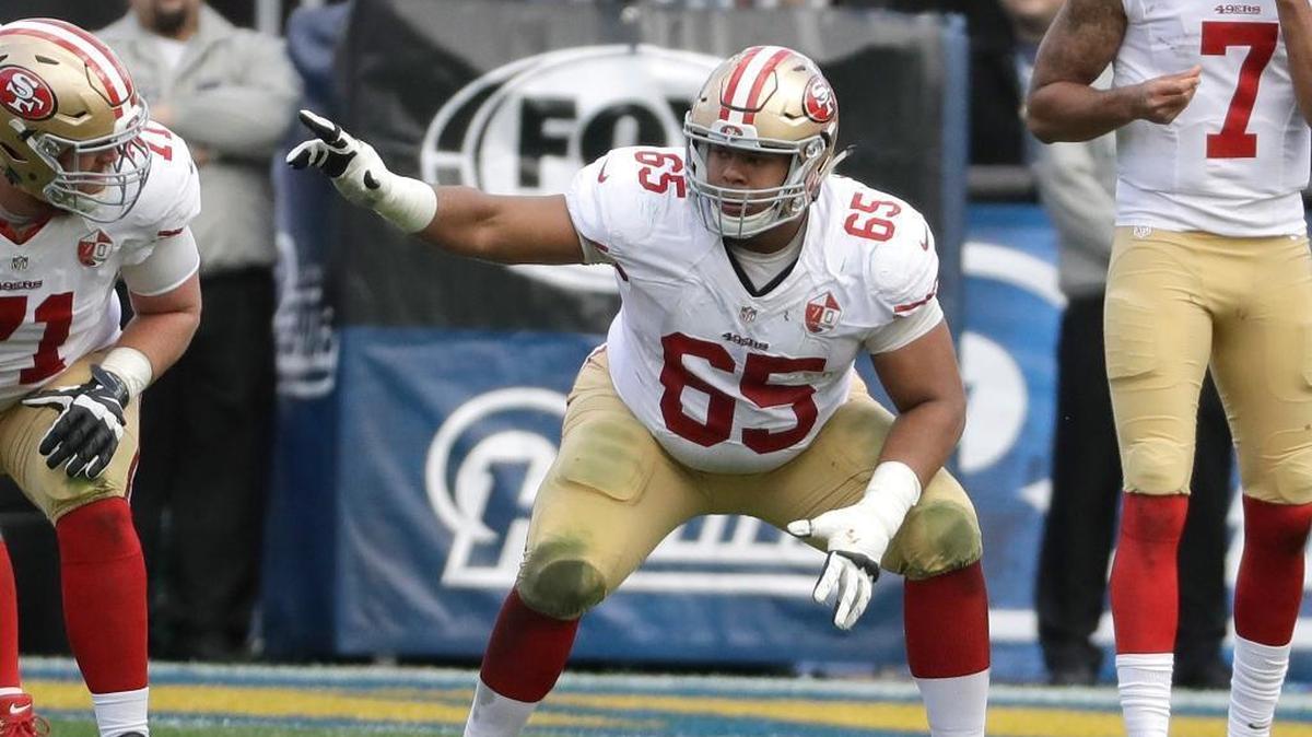 San Francisco 49ers offensive guard Joshua Garnett (65) during the first half of an NFL football game against the Los Angeles Rams, Saturday, Dec. 24, 2016, in Los Angeles.