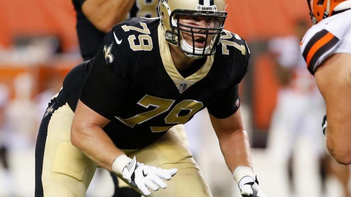New Orleans Saints offensive tackle Bryce Harris plays against the Cleveland Browns during the second half of an NFL preseason football game, Thursday, Aug. 10, 2017, in Cleveland.