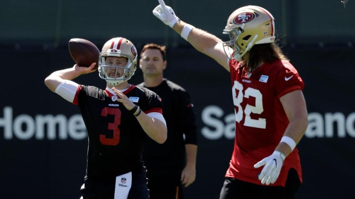 San Francisco 49ers quarterback C.J. Beathard (3) throws during the NFL team's football training camp Friday, July 28, 2017, in Santa Clara, Calif.