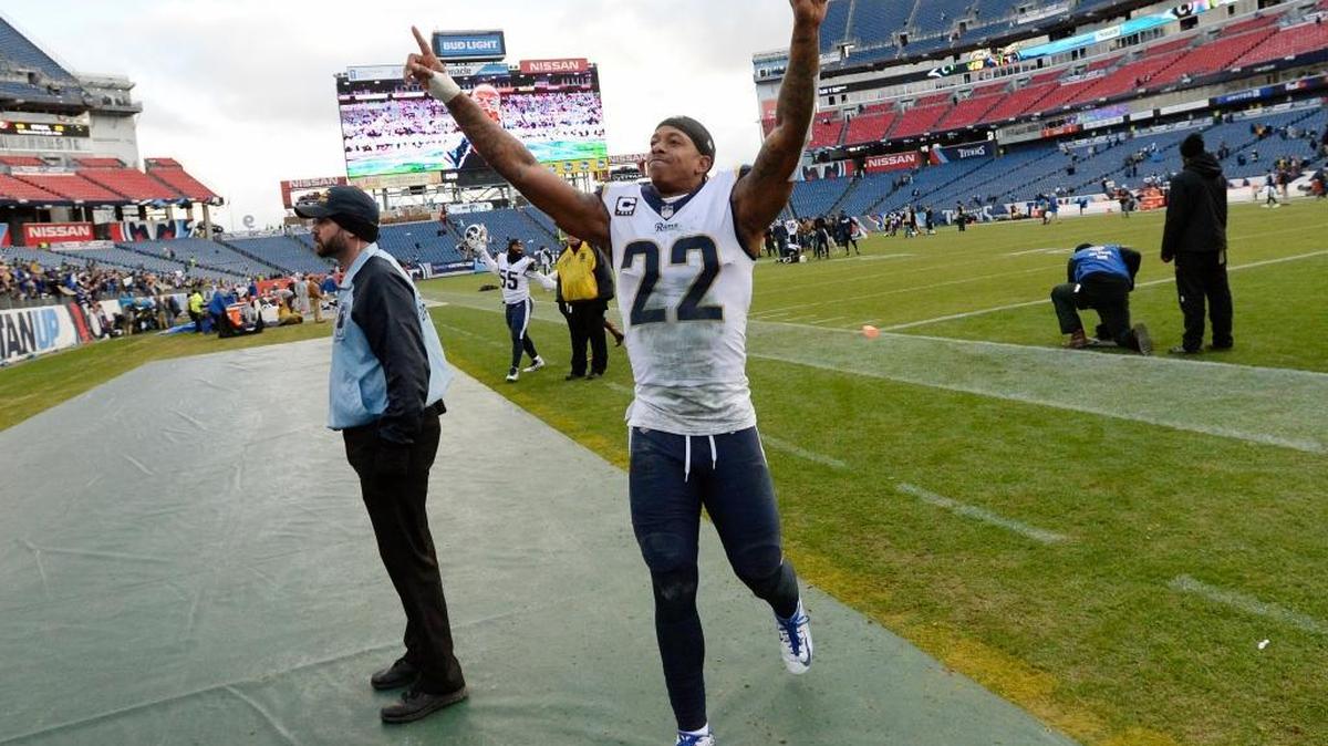 Los Angeles Rams cornerback Trumaine Johnson (22) celebrates as he leaves the field after an NFL football game against the Tennessee Titans Sunday, Dec. 24, 2017, in Nashville, Tenn. The Rams won 27-23.