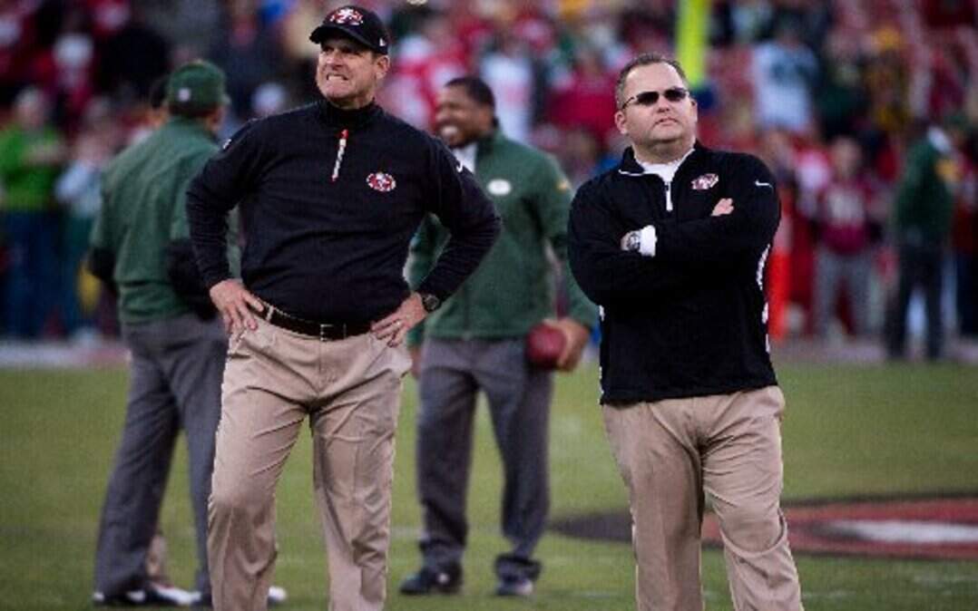 
49ers offensive coordinator Greg Roman (right) typically is in lockstep with Jim Harbaugh in terms of public comments about their players.
