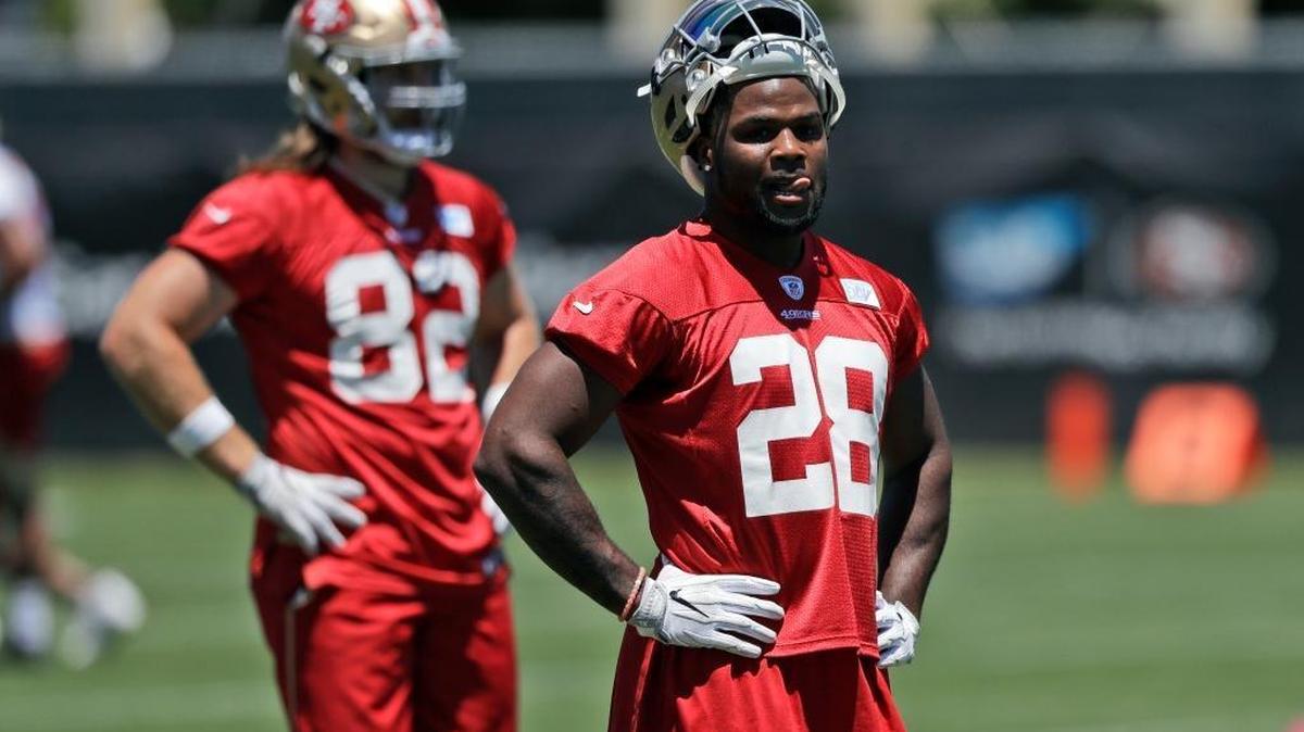 San Francisco 49ers running back Carlos Hyde (28) during NFL football practice at the team's training facility Wednesday, June 14, 2017, in Santa Clara, Calif.
