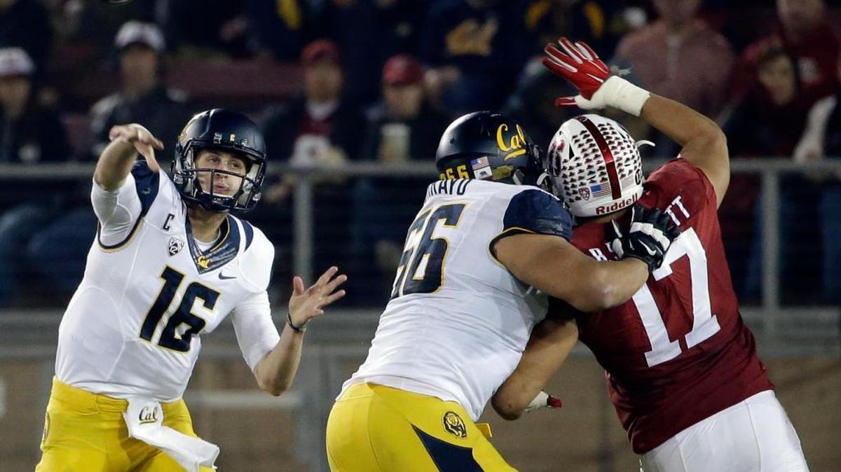 California quarterback Jared Goff (16) throws against Stanford during the second half of an NCAA college football game Saturday, Nov. 21, 2015, in Stanford, Calif.